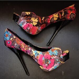 Floral 6 Inch Platform Stiletto Heels Womens 9 Peep Toe Y2K Colorful Statement